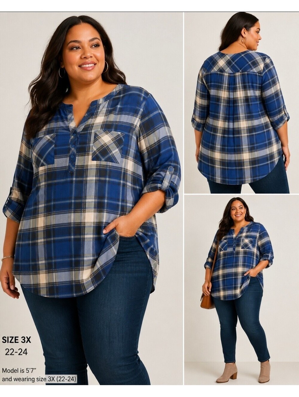 Torrid Harper Plaid Challis Tunic Blouse 3X 22-24 Blue Roll Tab NWT